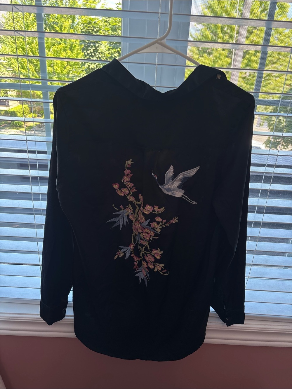 paparazzi Black Button-Down Shirt with Crane & Floral Embroidery